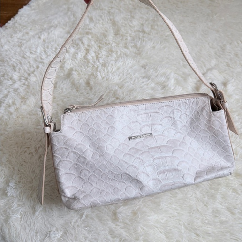 Mila Schon Italy Elegant Cream and Pink Croc-Embossed Shoulder Bag